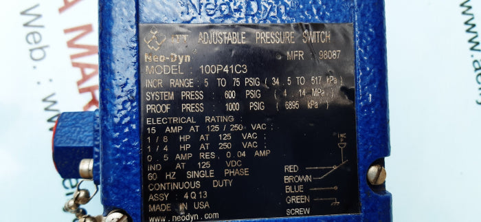Itt neo-dyn 100p41c3 adjustable pressure switch 125/250 vac