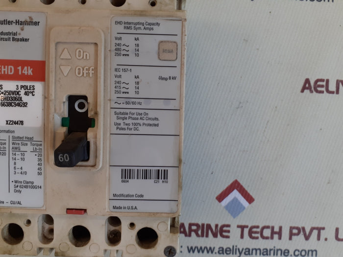 Cutler-hammer ehd 14k 3pole circuit breaker ehd3060l