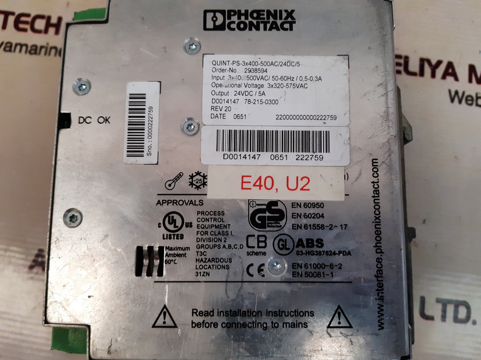 Phoenix Contact Quint-ps-3X400-500Ac/24Dc/5 Power Supply 500Vac