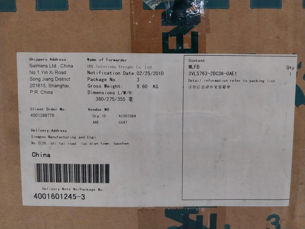 3-pole Molded Case Circuit Breaker 3Vl5763-2Dc36-0Ae1 Siemens