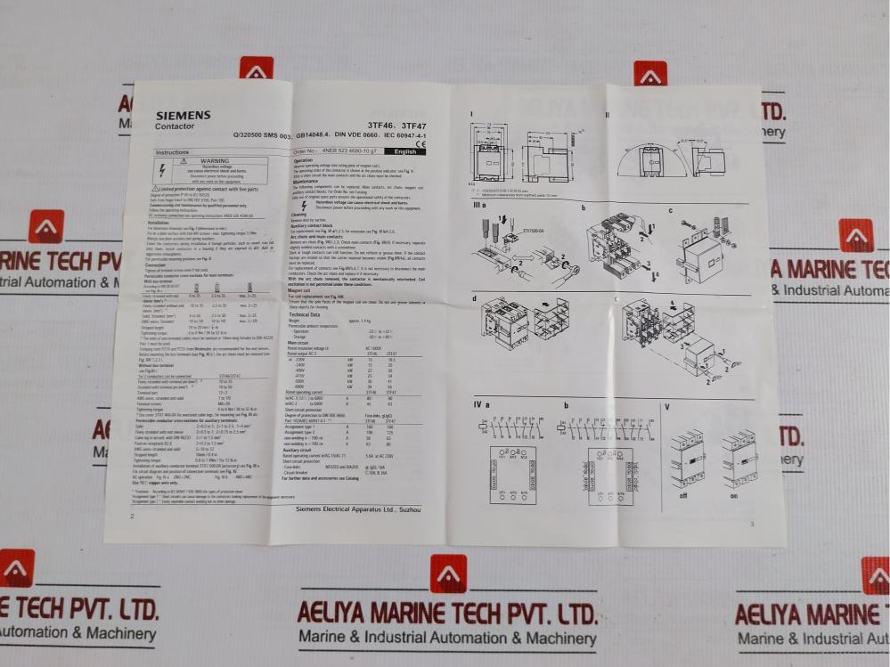 3Tf47 22-0Xn2 Siemens Contactor 63A Ac3 30Kw 400V 2No+2Nc