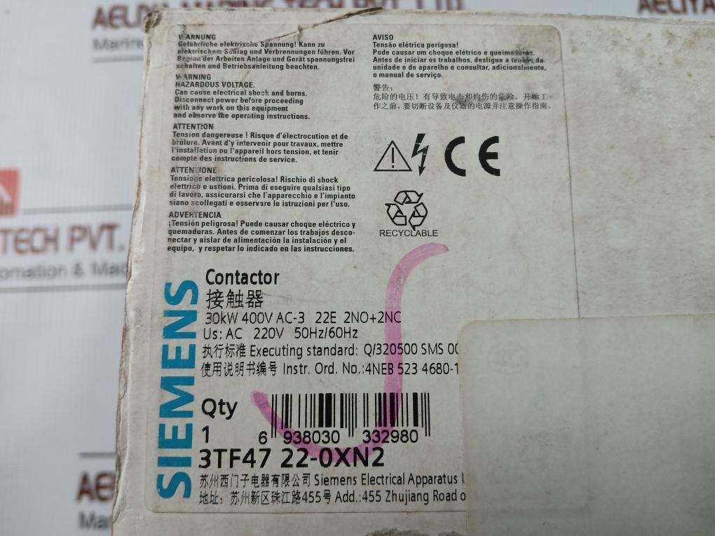 3Tf47 22-0Xn2 Siemens Contactor Ac 220V,50/60Hz