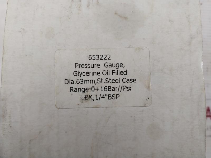 653222 Pressure Gauge Glycerine Oil Filled 0-16 Bar 0-230 Psi 63Mm 1/4" Bsp