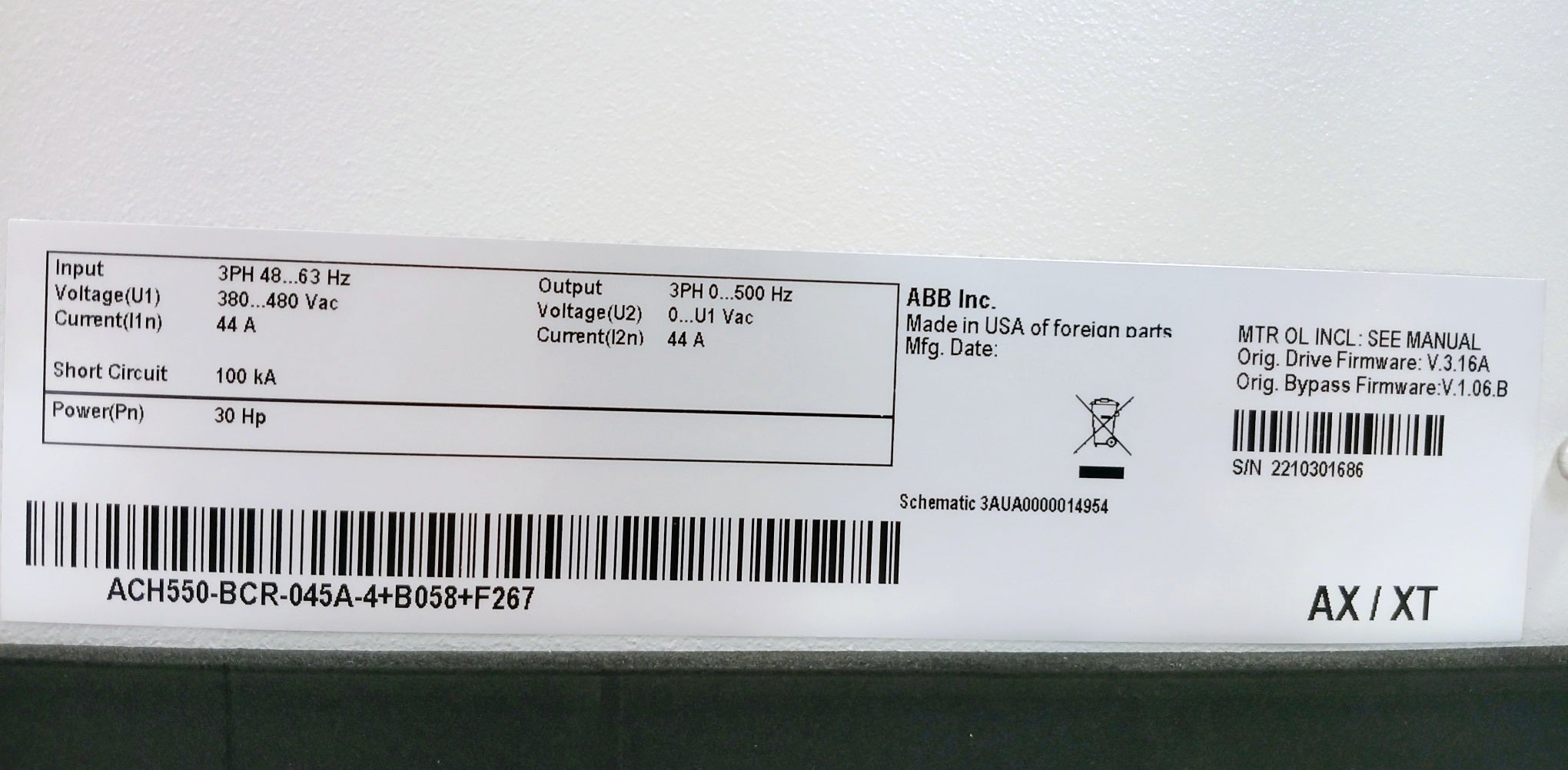 Abb Ach550-bcr-045A-4+B058+F267 Variable Frequency Drive (Vfd) 44A 380-480Vac