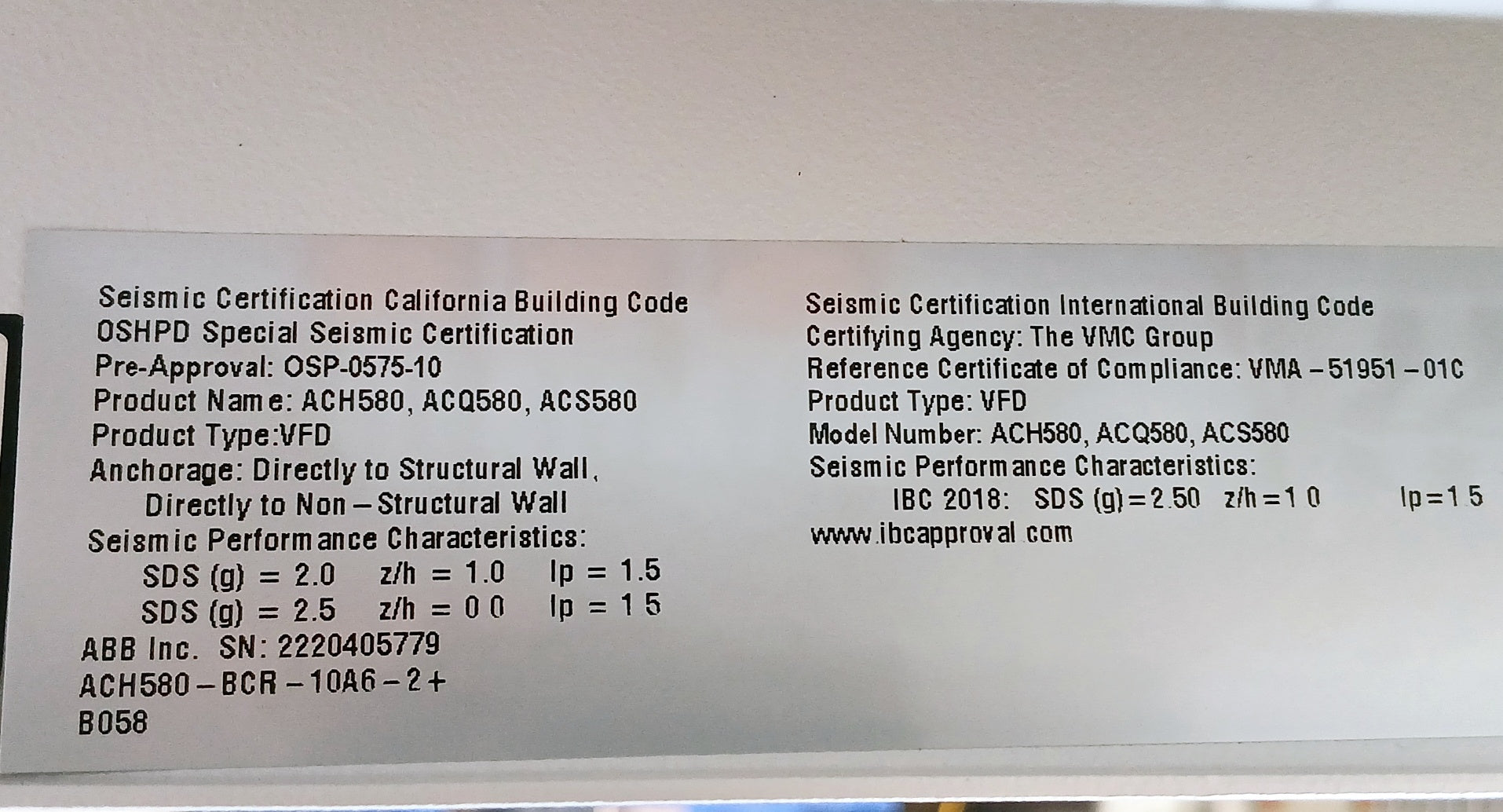 Abb Ach580-bcr-10A6-2+B058 Bypass Variable Frequency Drive 208-240Vac Ul Type 3R