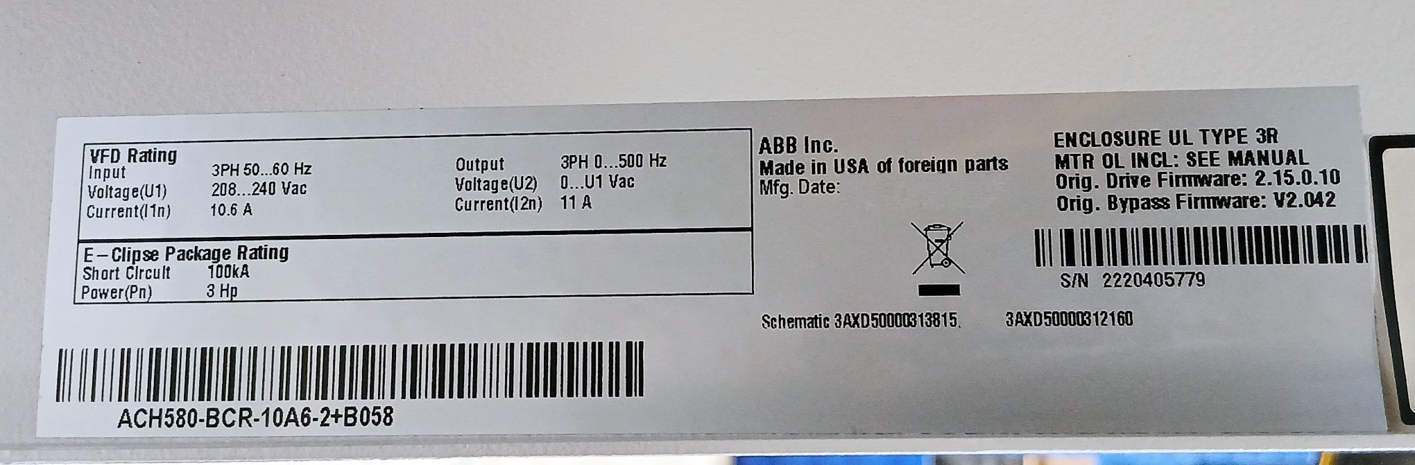 Abb Ach580-bcr-10A6-2+B058 Bypass Variable Frequency Drive 208-240Vac Ul Type 3R
