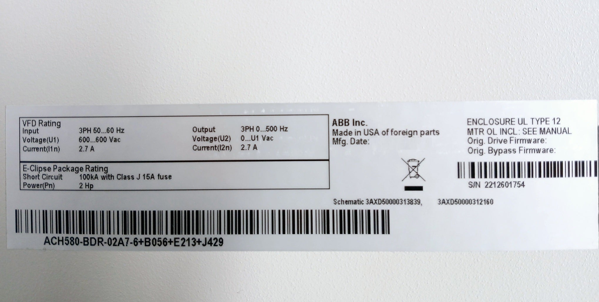 Abb Ach580-bdr-02A7-6+B056+E213+J429 Variable Frequency Drive With Bypass 600Vac