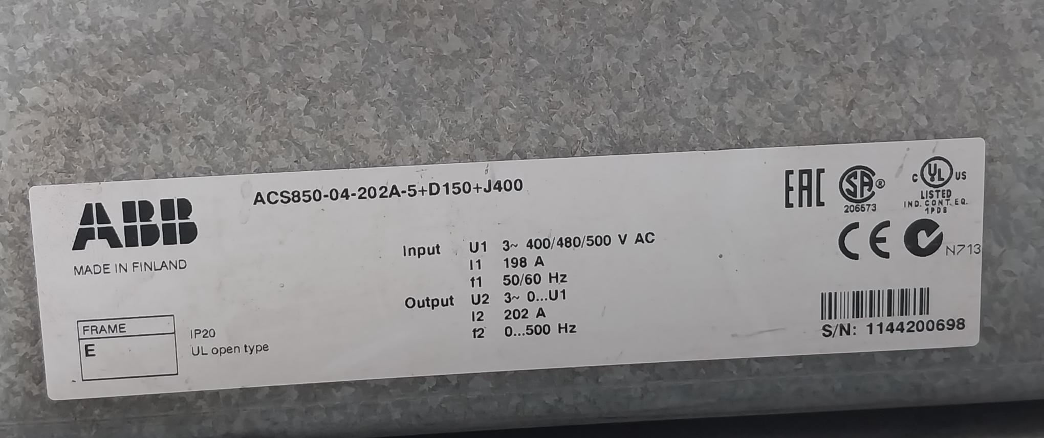 Abb Acs850-04-202A-5+D150+J400 Ac Drive Module 3-phase 400/480/500 V Ac 198A