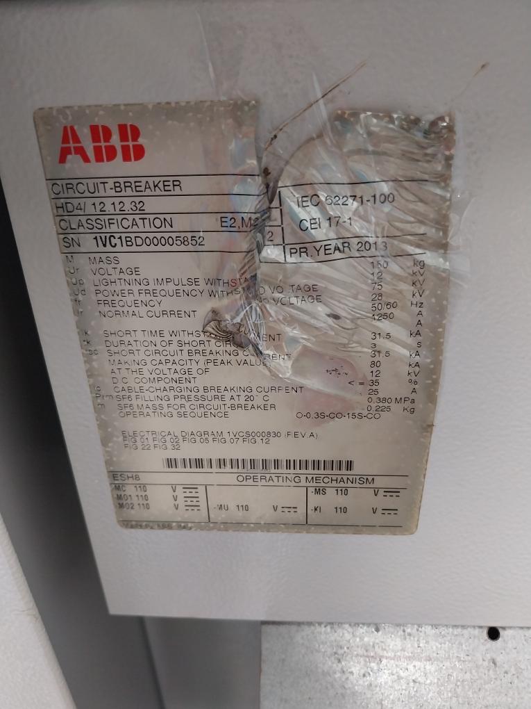 Abb Hd4/ 12.12.32 Mv Circuit Breaker Medium Voltage Gas Insulated Sf6