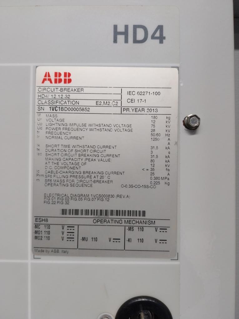 Abb Hd4/ 12.12.32 Mv Circuit Breaker Medium Voltage Gas Insulated Sf6