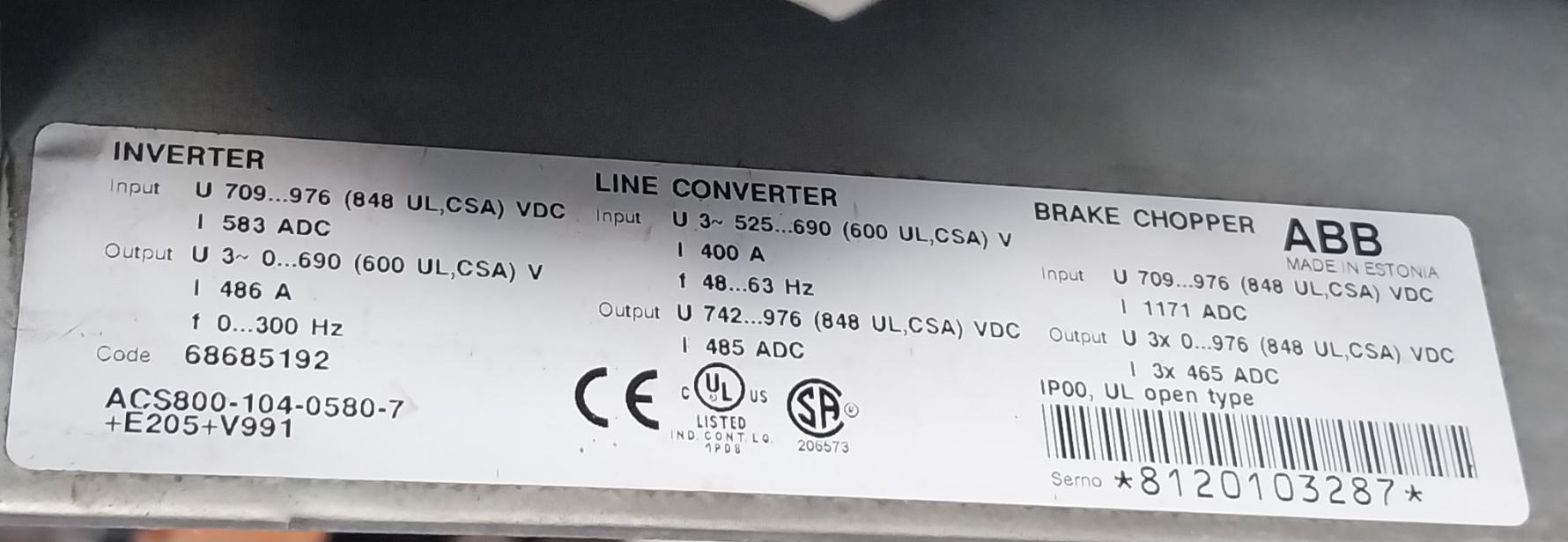 Abb Acs800-104-0580-7+E205+V991 Industrial Inverter Drive 709–976 Vdc 583A 68685
