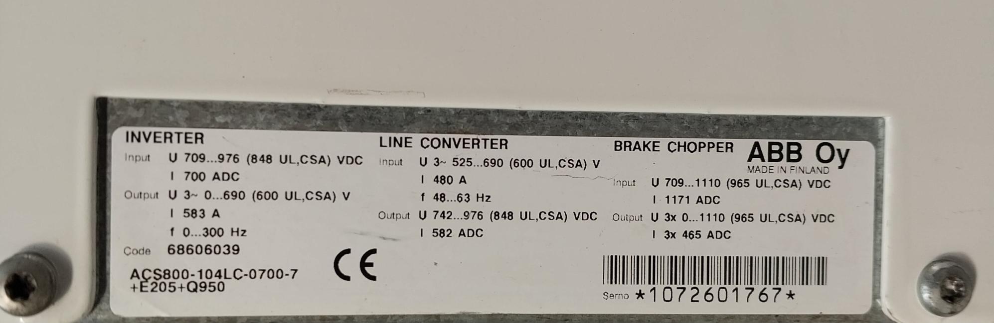 Abb Acs800-104Lc-0700-7+E205+Q950 Inverter Drive Module 68606039 709-976 Vdc...