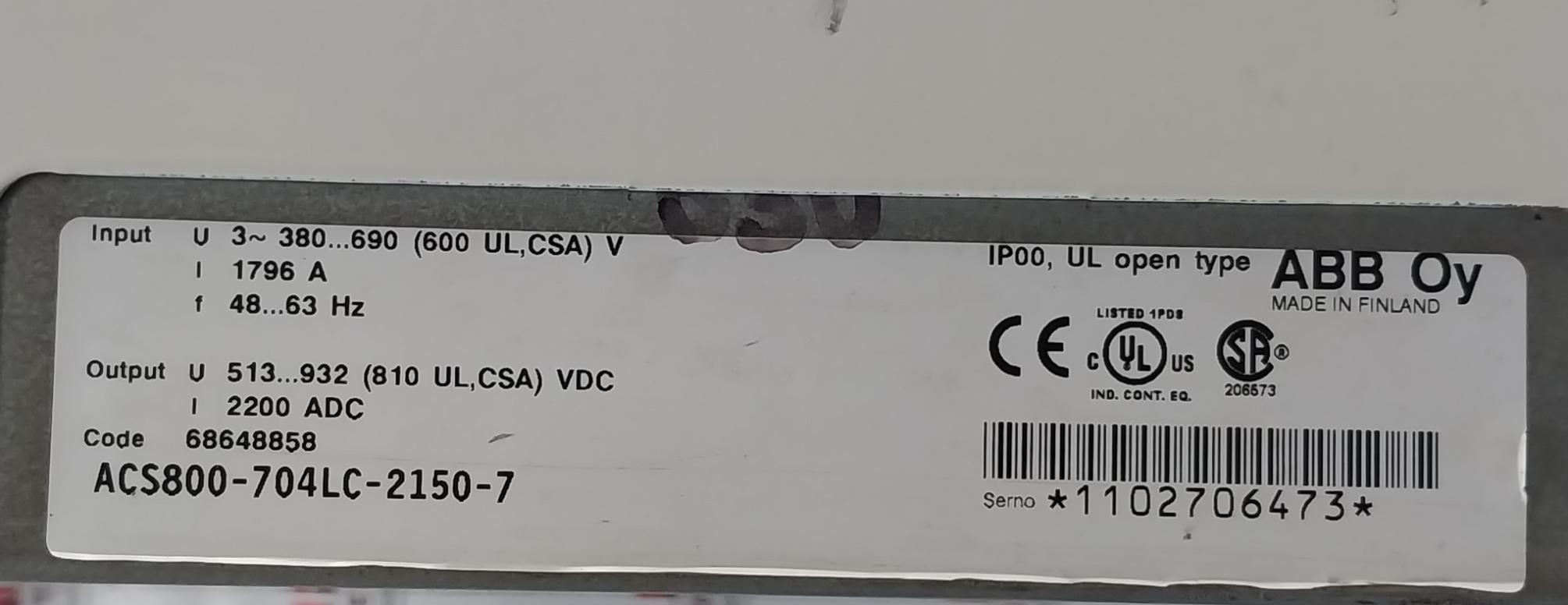 Abb Acs800-704Lc-2150-7 Drive Supply Unit 68648858 380–690V Ac 1796 A 48–63 Hz