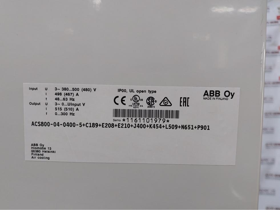 Acs800-04-0400-5+C189+E208+E210+J400+K454+L509+N651+P901 Abb Frequency Drive