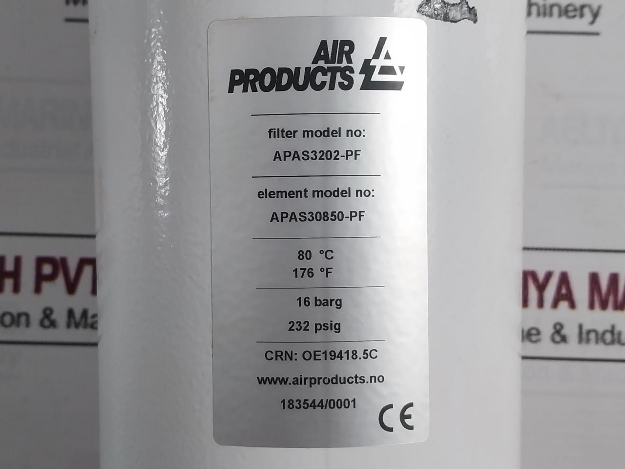 Air Products Apas3202-pf Filter Element Apas30850-pf 232Psig 16 Barg 80 C 176 F