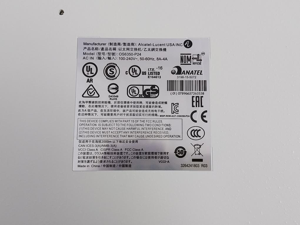 Alcatel-lucent Ac Input: 100-240V-, 50-60Hz, 8A-4A Ethernet Switch Os6350-p24