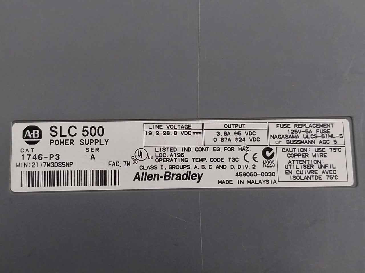 Allen-bradley 1746-p3 Slc 500 Power Supply 19.2-28.8 Vdc 459060-0030