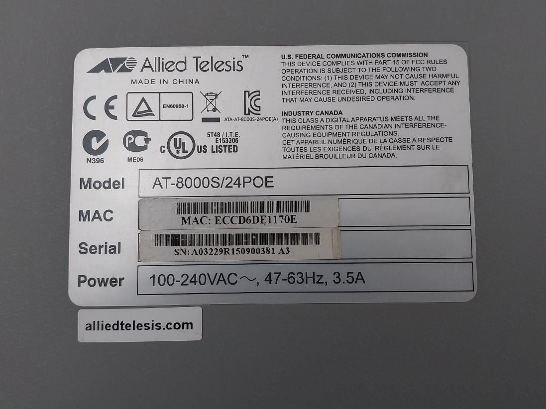 Allied Telesis At-8000S/24Poe Fast Ethernet Switch 100-240Vac~ 47-63Hz 3.5A