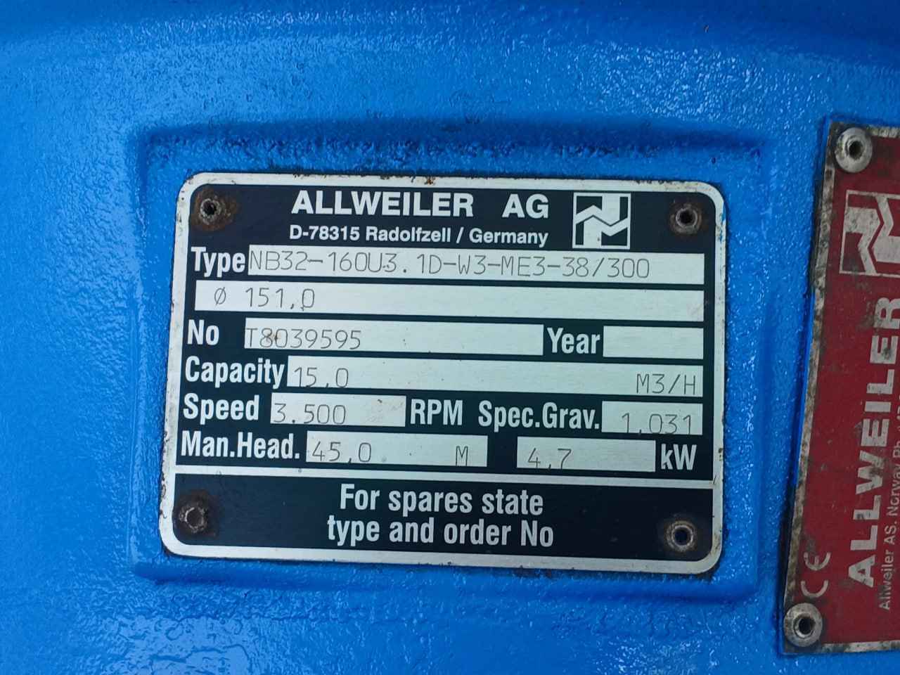 Allweiler Nb32-160U3.1D-w3-me3-38/300 Centrifugal Pump 15M(3)/H 4.7Kw 3500Rpm