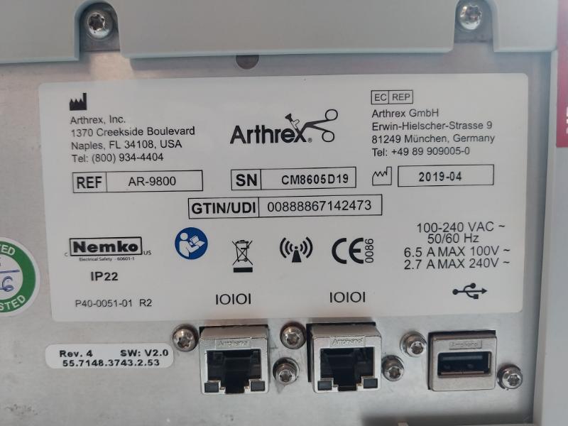 Arthrex Synergy Rf Console Bipolar Ablation System 100-240Vac 50/60Hz Ar-9800
