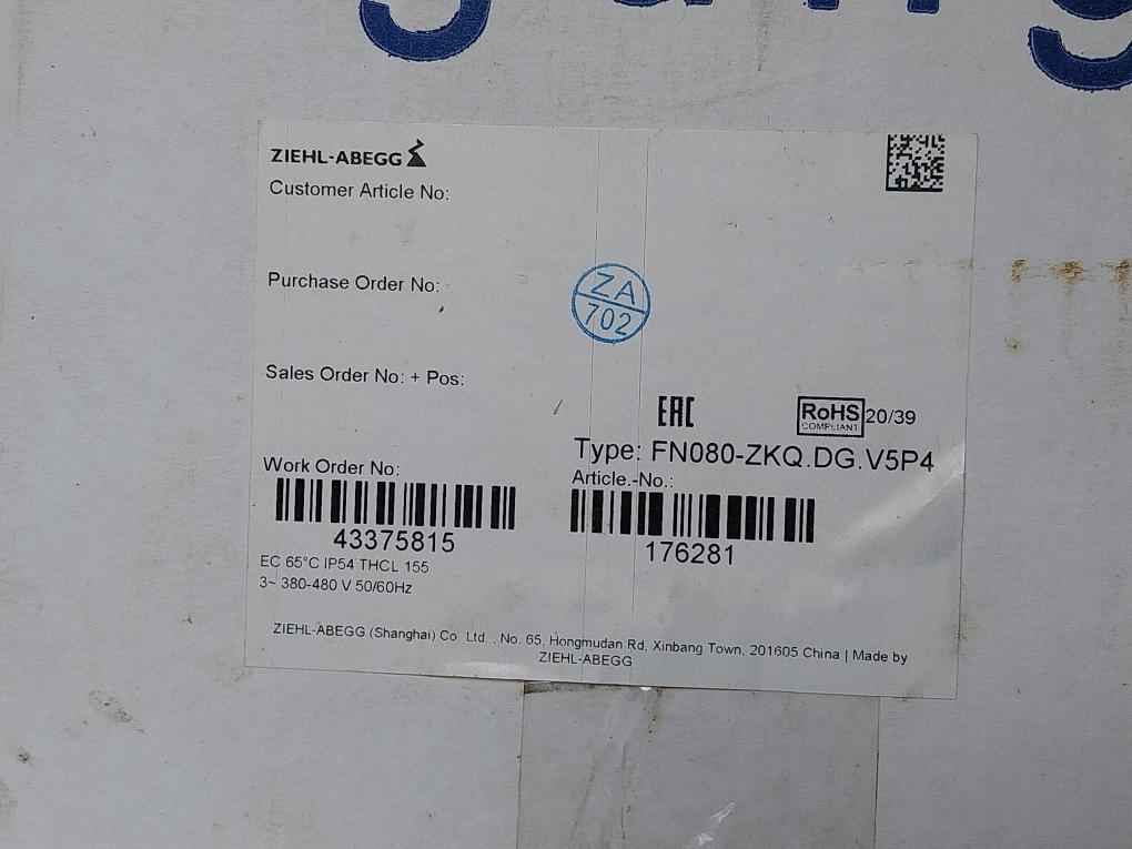 Axial Fan With 380-480V 50/60Hz Ziehl-abegg Fn080-zkq.Dg.V5P4