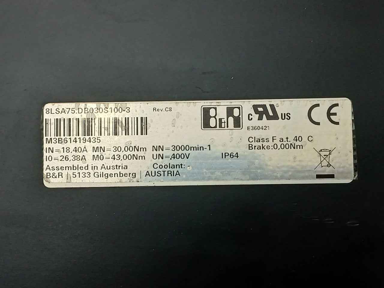 B&R 8Lsa75.Db030S100-3 Synchronous Motor Rev C8 400V E360421
