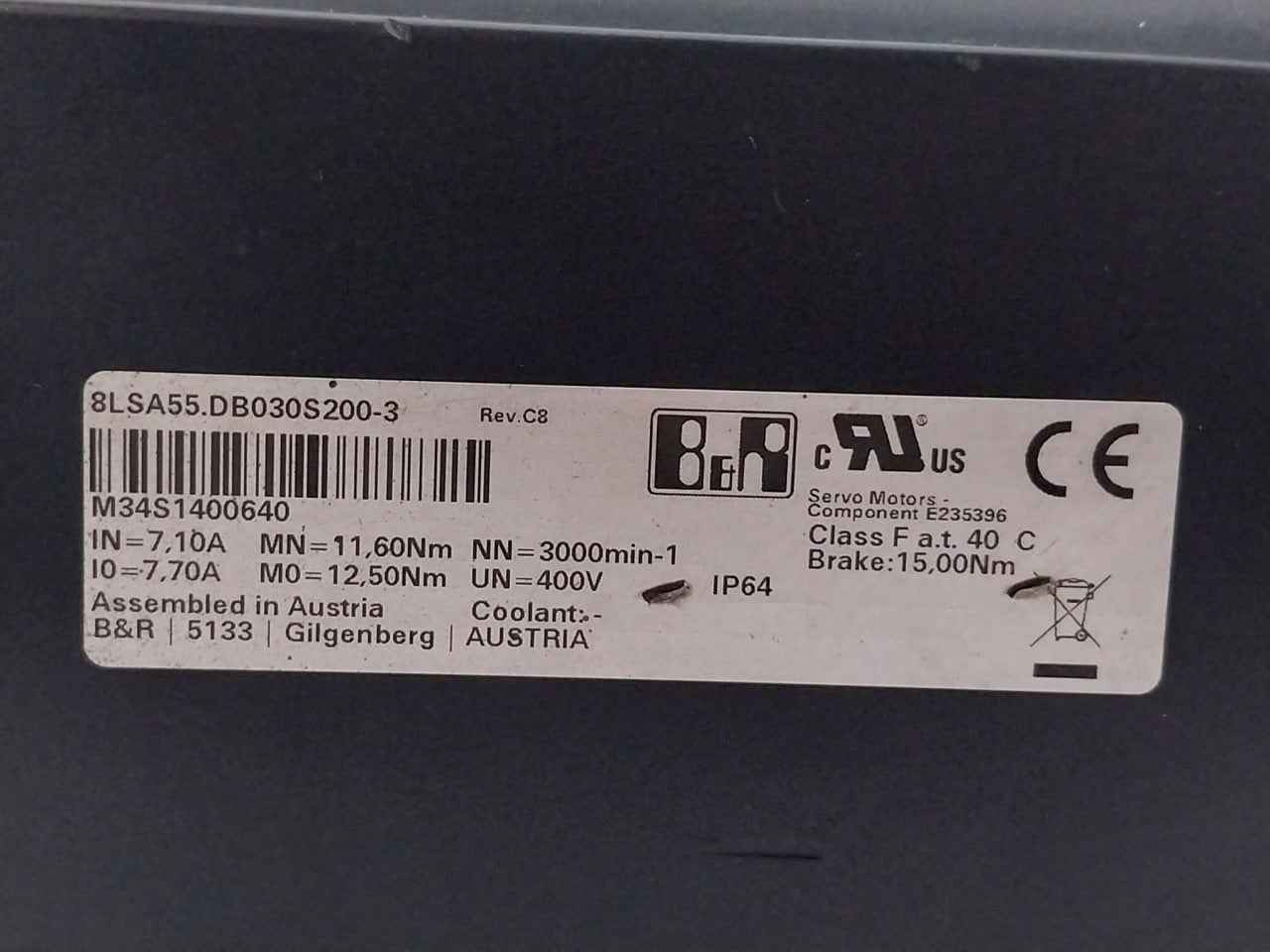 B&r 8lsa55.db030s200-3 Synchronous Motor Rev C8 Ip64 E235396