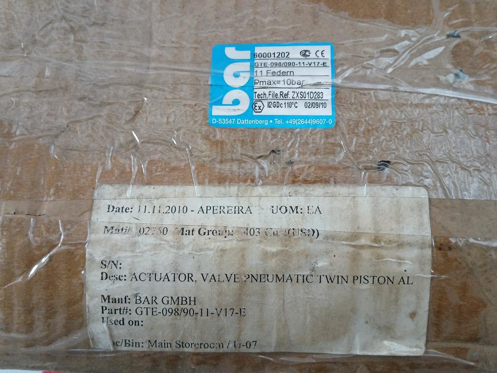 Twin-piston Rotary Valve Actuator 10Bar 110°C Gte-098/090-11-v17-e By Bar Gmbh