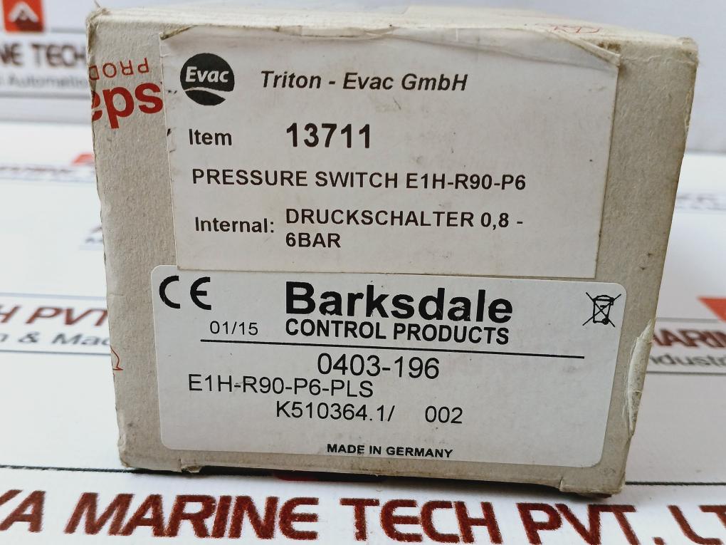 Barksdale E1h-r90-p6-pls Pressure Switch 0.8-6 Bar 250v Dc250v Ac250v