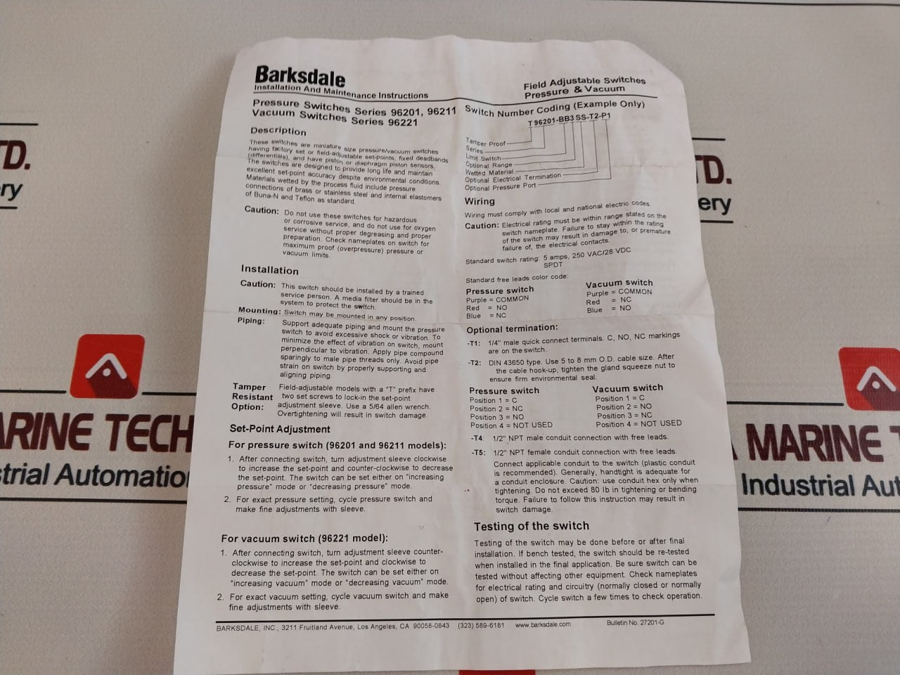 Barksdale T96211-bb5Ss-t2 96211 Compact Pressure Switch 1000 Psi 6.9 Mpa