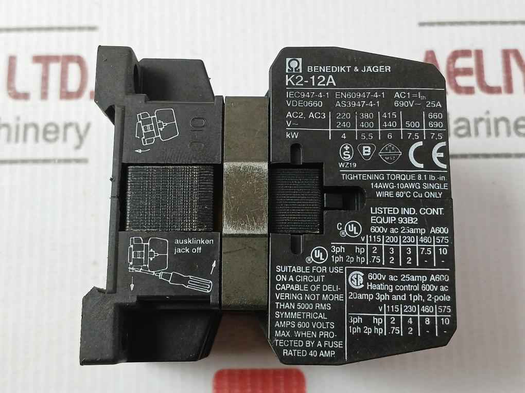 Benedikt & Jager K2-12A10 2 Pole Contactor Relay 14 Awg –10 Awg 690V-25A