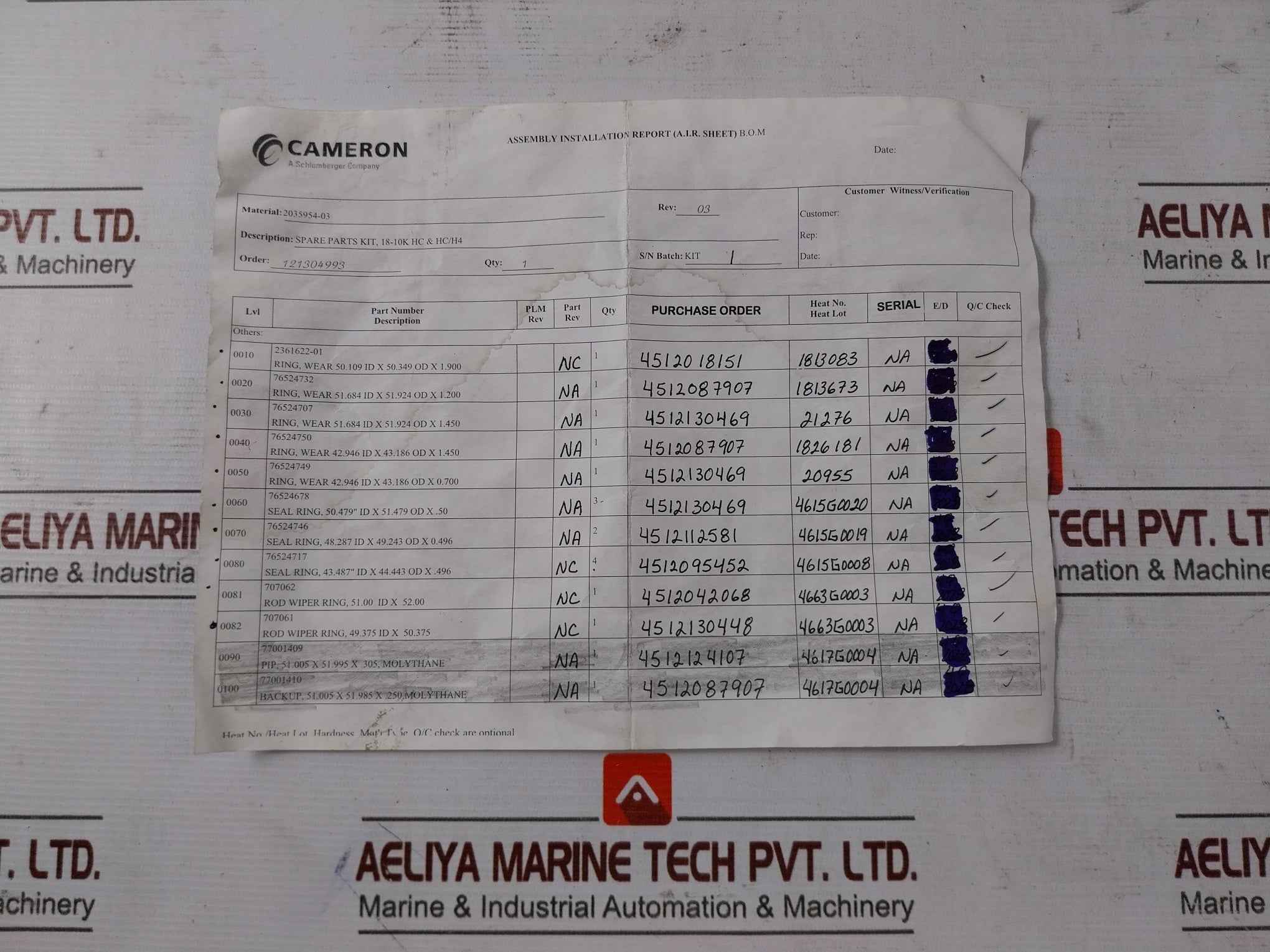 Cameron 2035954-03 Spare Parts Kit 8-10K Hc & Hc/H4 Rev 03 121304993