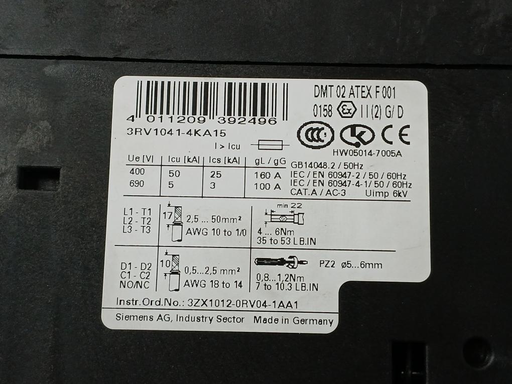 Circuit Breaker 3Rv1041-4Ka15 Siemens 50/60Hz 600V