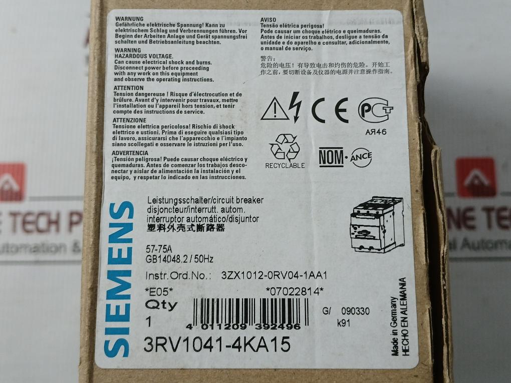 Circuit Breaker 3Rv1041-4Ka15 Siemens 50/60Hz 600V