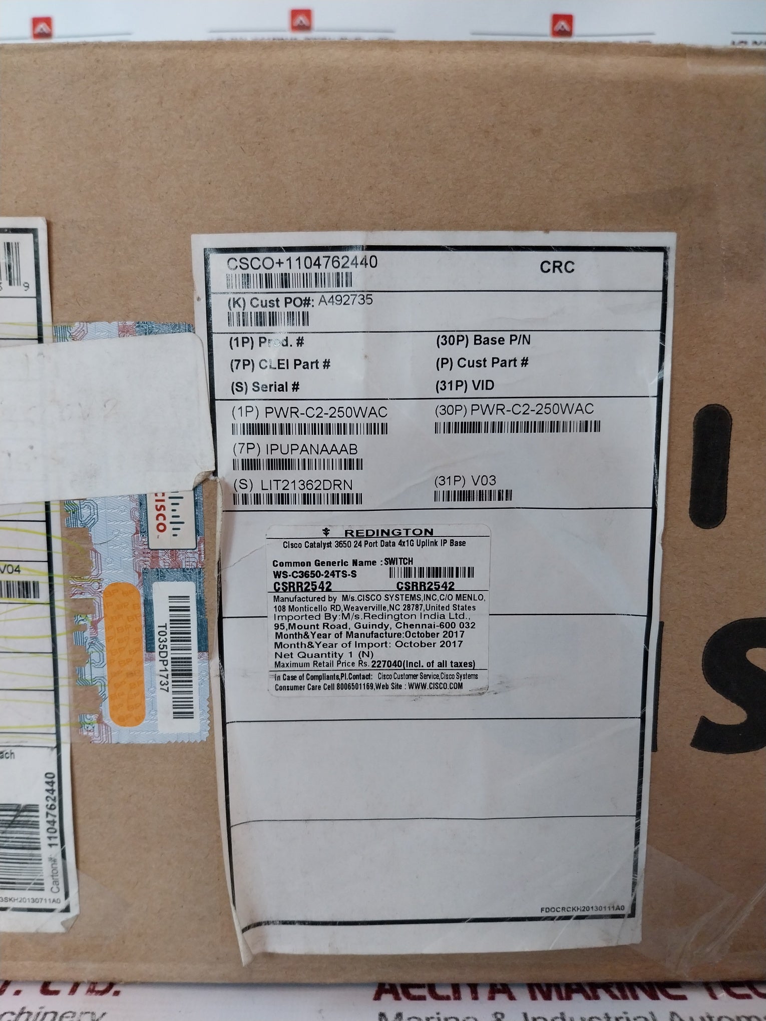 Cisco Ws-c3650-24Ts-s Catalyst Switch W/ Pa-1251-3A-lf 250W Switch Power Supply