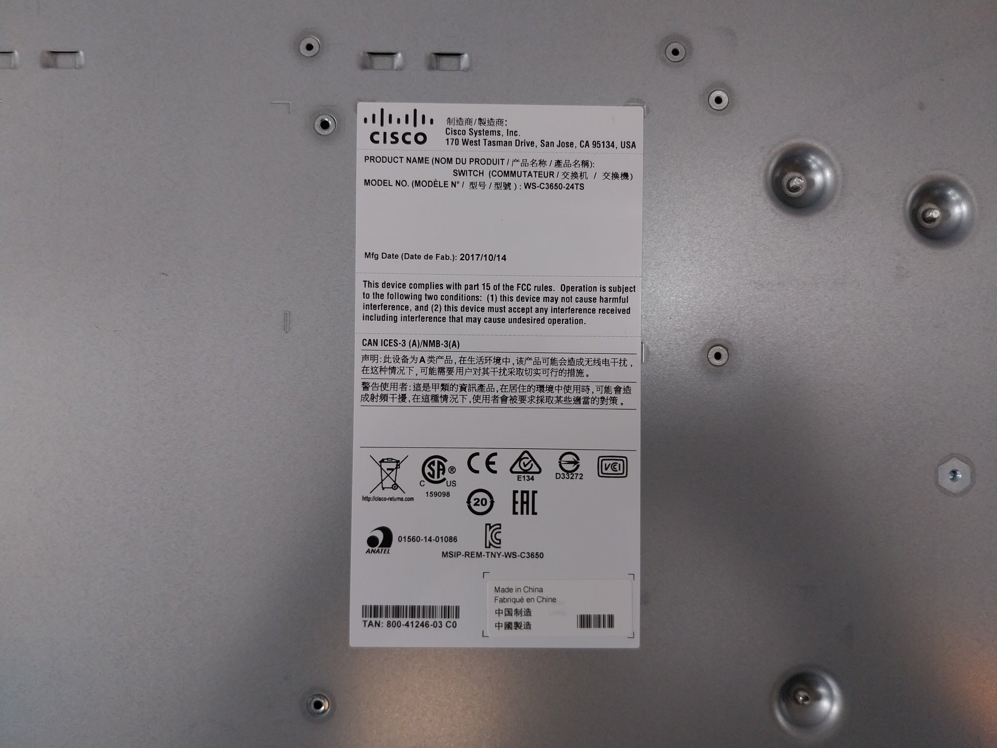 Cisco Ws-c3650-24Ts-s Catalyst Switch W/ Pa-1251-3A-lf 250W Switch Power Supply