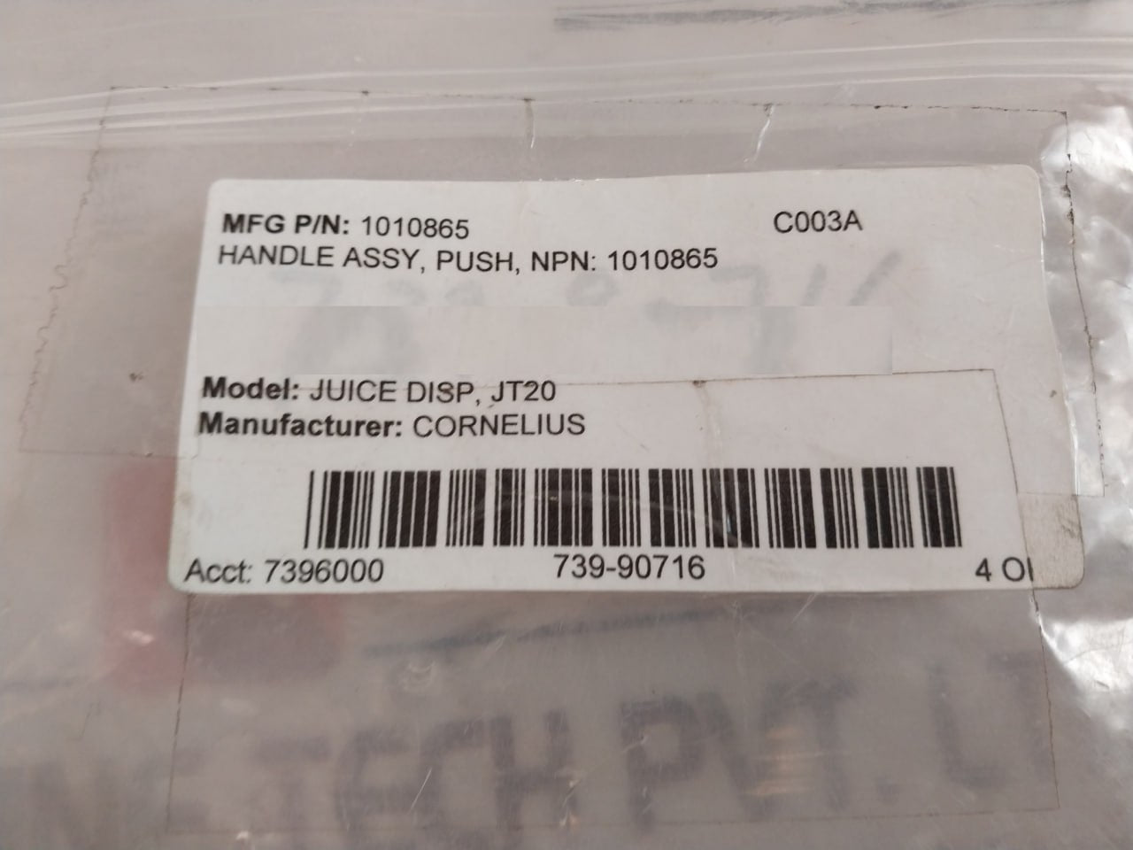 Cornelius 1010865 Cold Product Push Handle Assembly
