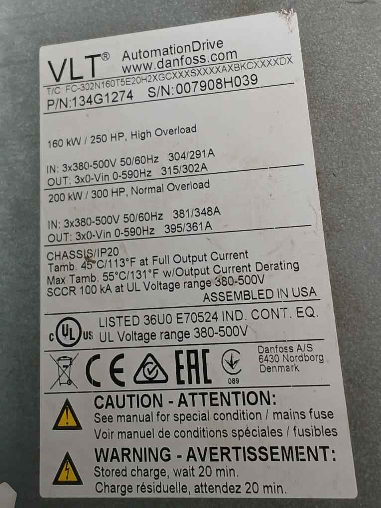 Danfoss Fc-302N160T5E20H2Xgcxxxsxxxxaxbkcxxxxdx Automation Drive 134G1274