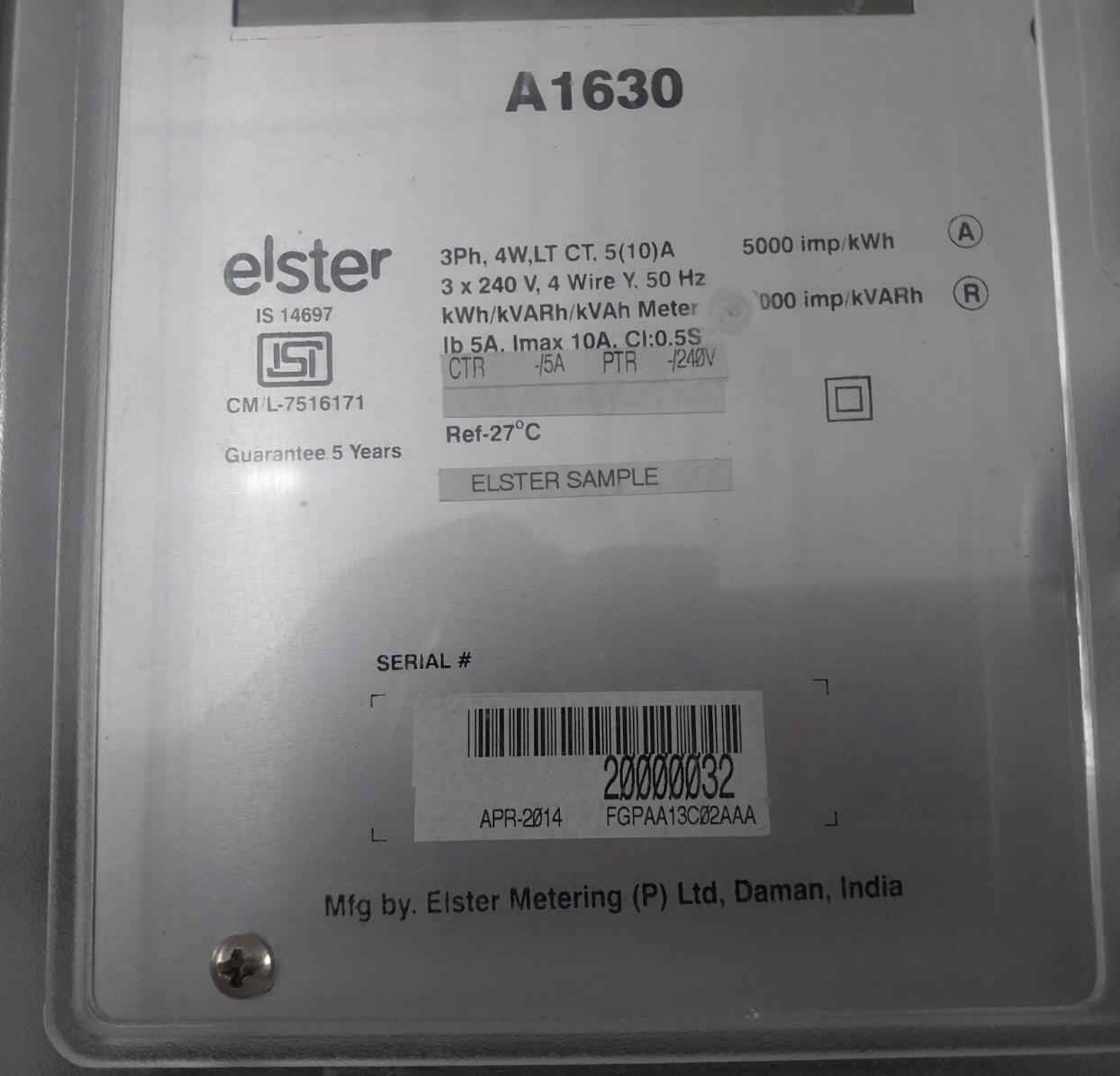 Elster A1630 Kwh/Kvarh/Kvah Meter 5000 Imp 27C Ib 5A Imax 10A Cl 0.5S