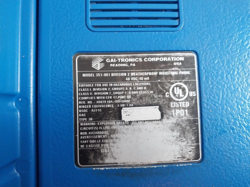 Gai-tronics 351-001 Division 2 Weatherproof Industrial Phone 48Vdc/40Ma Type 3R