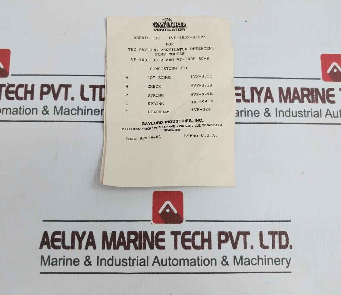 Gaylord Vf-100P-b-spk Ventilator Detergent Pump Repair Kit