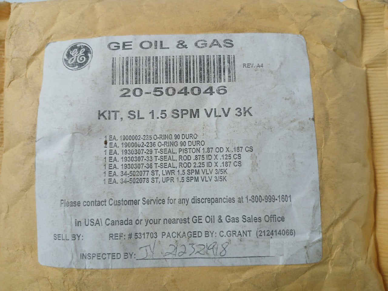Ge 20-504046 Spm Valve Hydril Seal Kit 3K Psi Rev.A4 Nd6Nhc7107 A030A