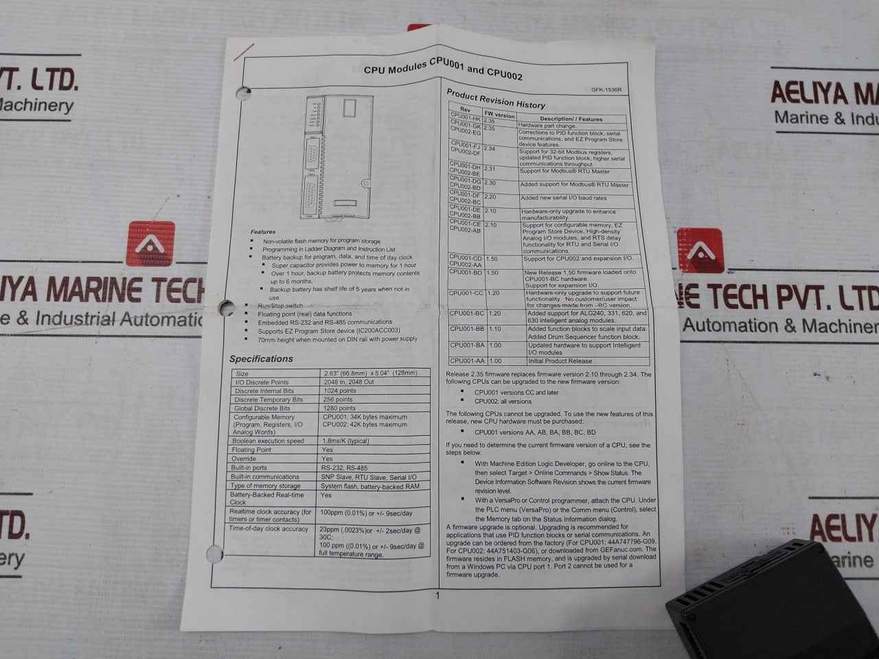 Ge Fanuc Ic200Cpu001-ce Cpu Module Cpu001-ce Rs-232 Rs-485 2.63" X 5.04"