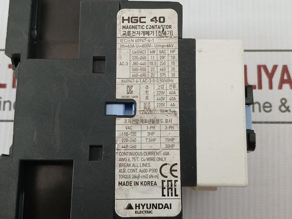 Hgc 40 Hyundai Electric Magnetic Contactor 800V/60A