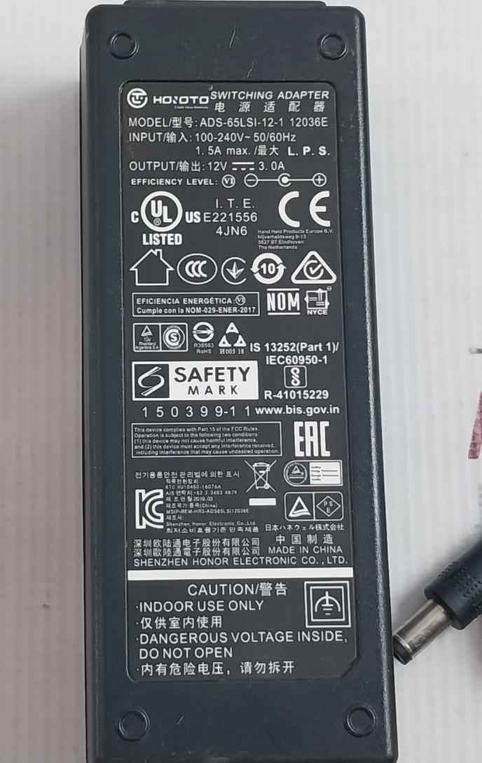 Hoioto Ads-65Lsi-12-1 12036E Switching Adapter 100-240V-50/60Hz E221556