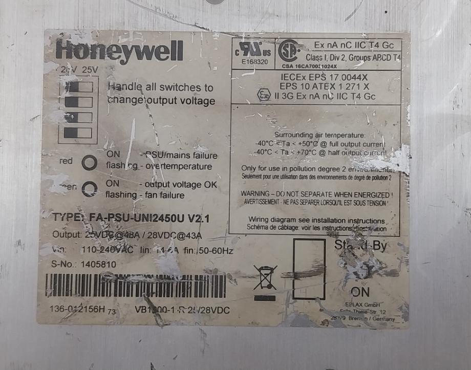 Honeywell Fa-psu-uni2450U Power Supply V2.1 110-240Vac 14-6A 50-60Hz