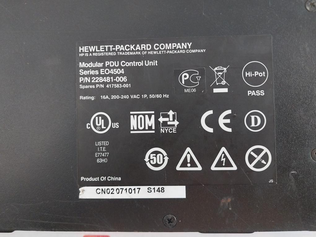 Hp 228481-006 Modular Pdu Control Unit Series Eo4504, 16a, 200-240 Vac 1 Phase