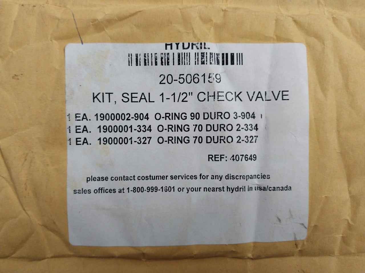 Hydril 20-506159 Seal Kit For 1-1/2" Check Valve 1900001-327, 1900002-904