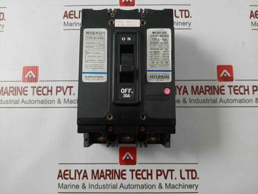 Hyundai 3P Molded Case Circuit Breaker Ac600V-dc250V/30A Part No Ho-100Ba