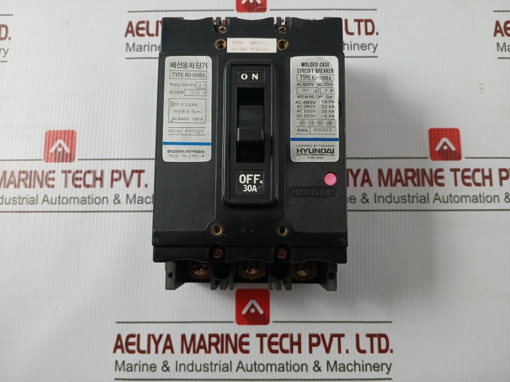 Hyundai 3P Molded Case Circuit Breaker Ac600V-dc250V/30A Part No Ho-100Ba